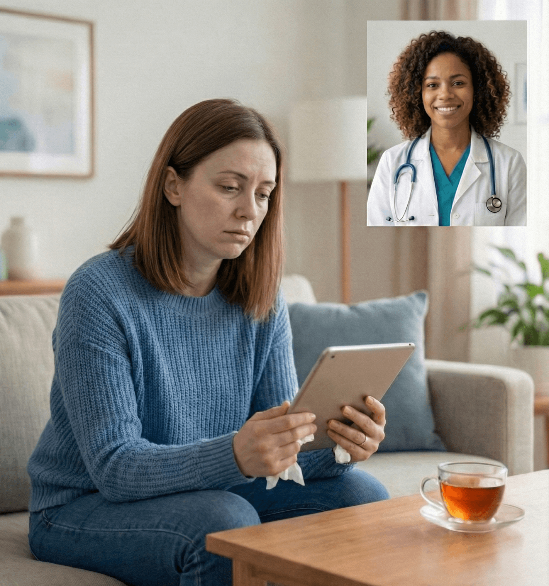 Compassionate care team member greeting a patient on a video call.