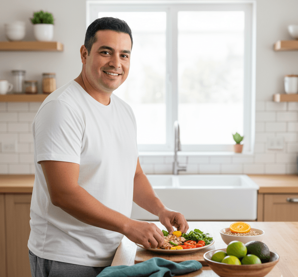 Telehealth client reviewing a weight management plan on a tablet.